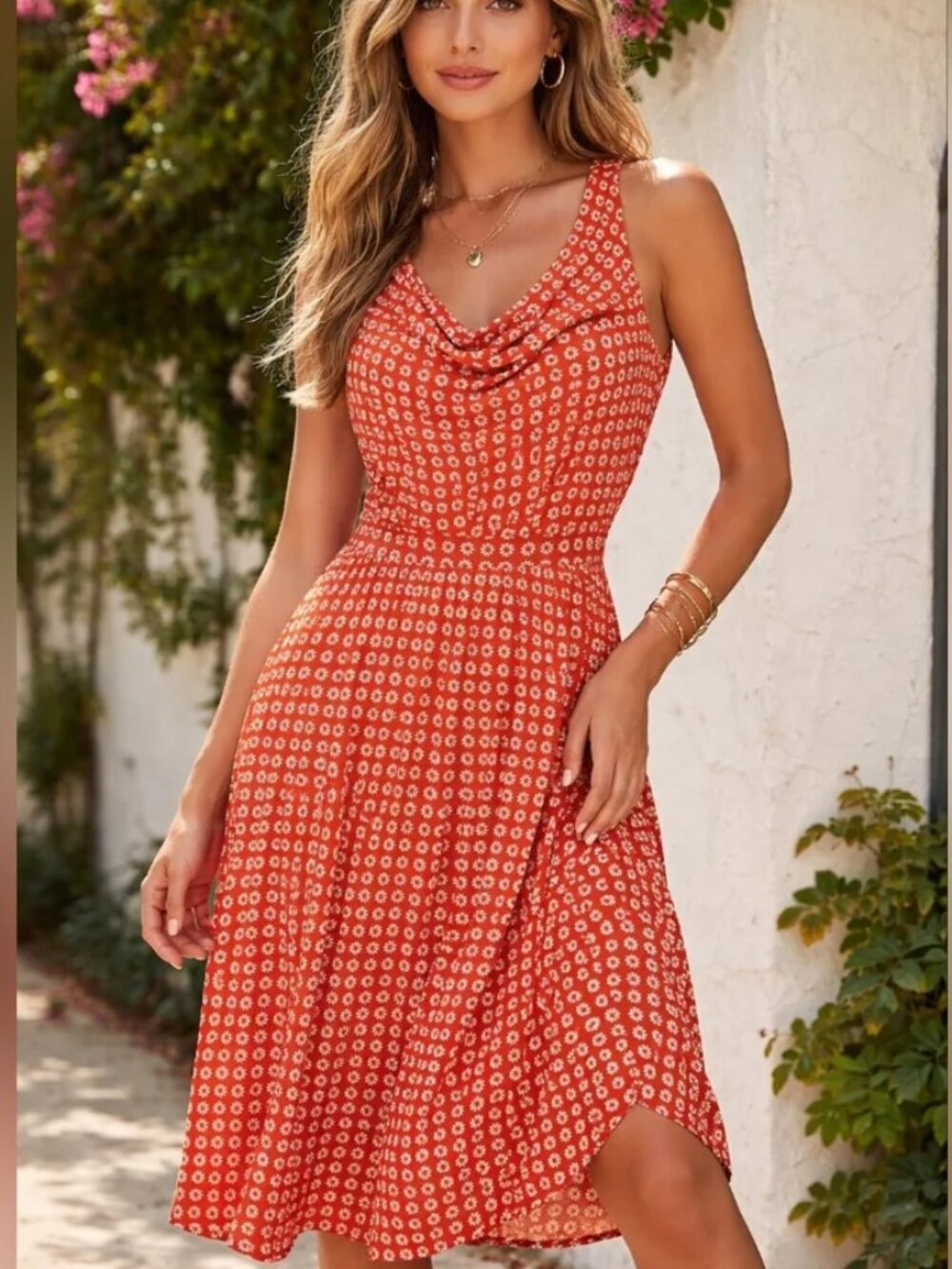 Maeve by Anthropologie Cowl Neck Dress Daisy Floral Print orange/red S